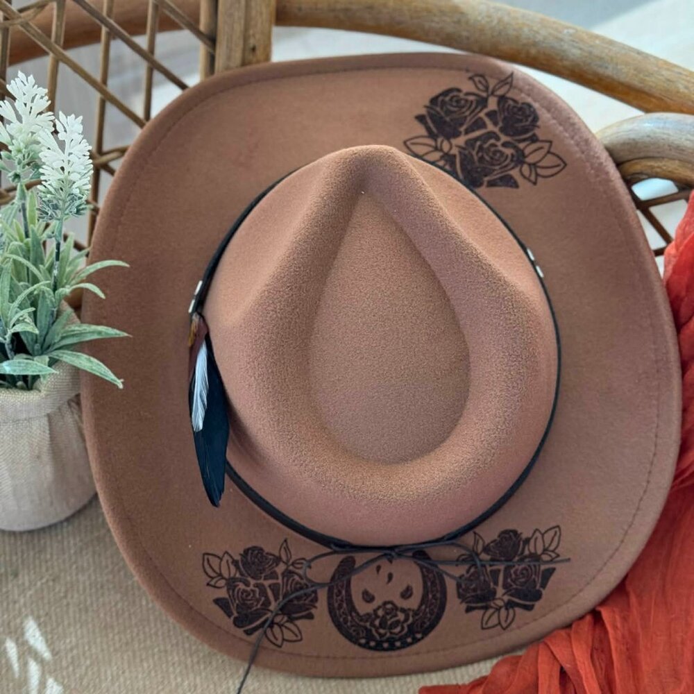 Laser burned Horseshoe and Flowers Cowboy Hat